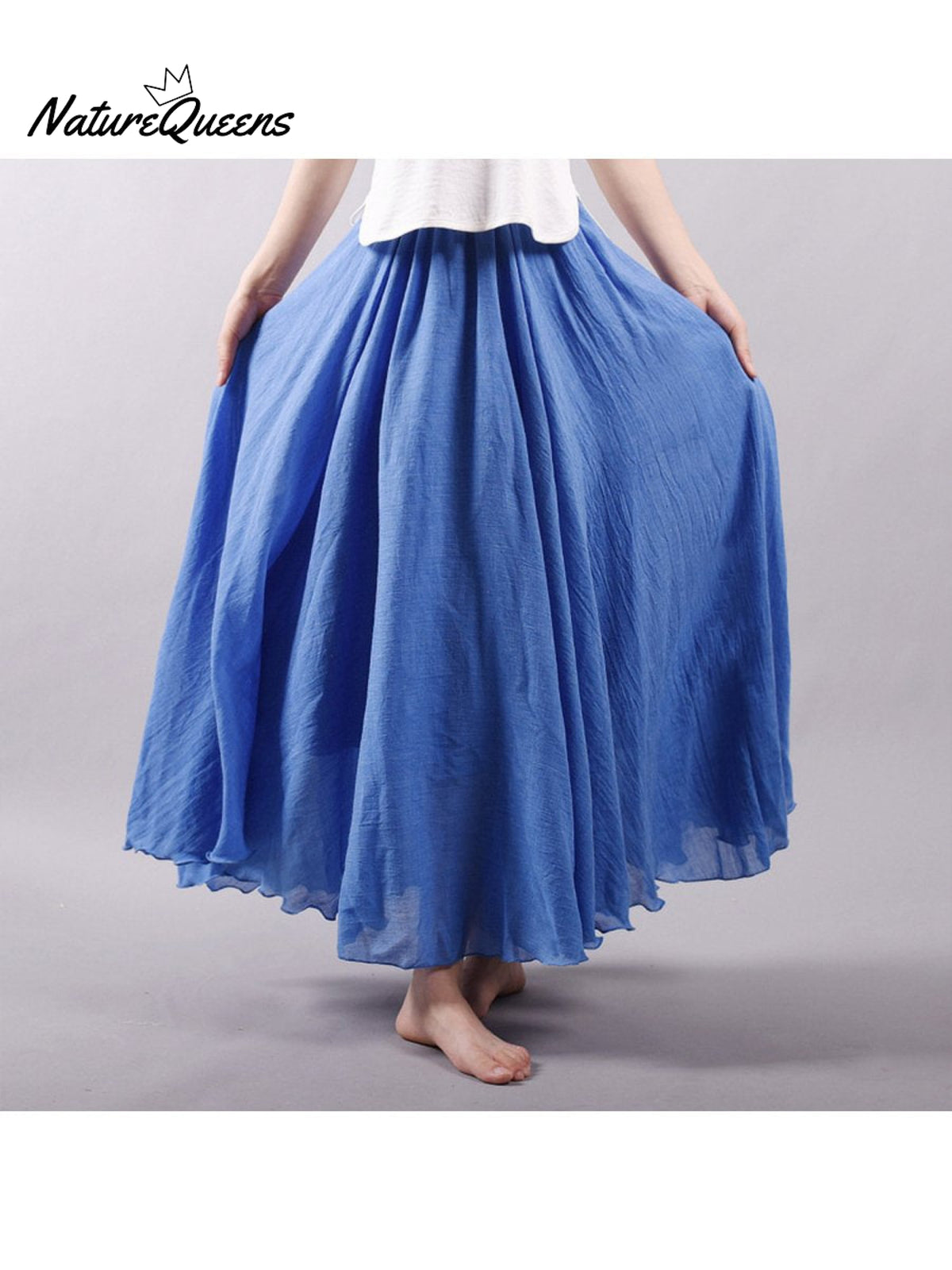 Women’s Cotton Linen Skirt Casual Elastic High Waist Pleated A-Line Beach Skirts Denim Blue / S