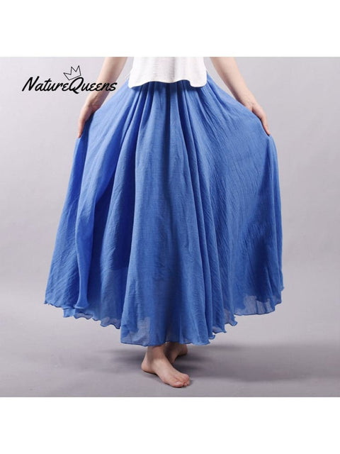 Women’s Cotton Linen Skirt Casual Elastic High Waist Pleated A-Line Beach Skirts Denim Blue / S