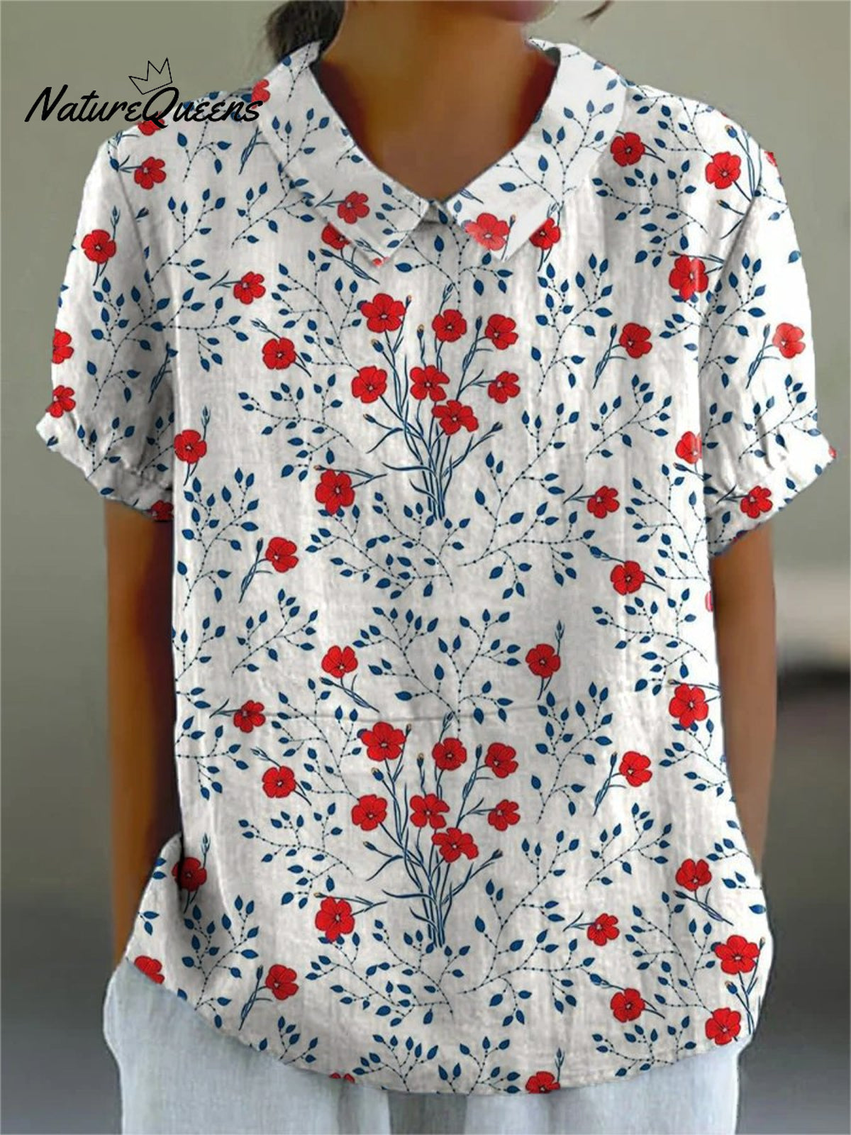 Women’s Fresh Red Florets Print Casual Cotton And Linen Shirt Multicolor / S
