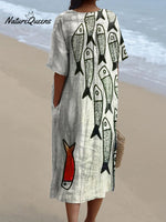 Women's Vintage Lovely Fish Art Print Flowy Dress