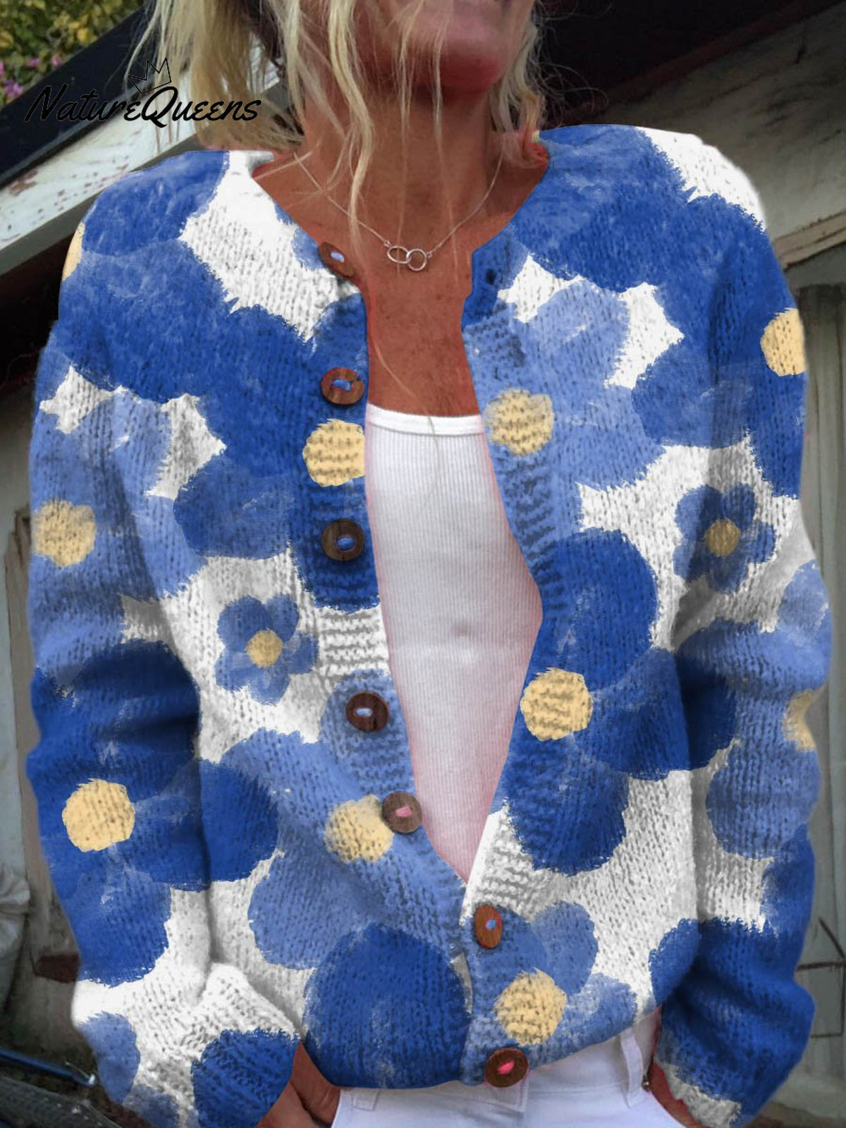 Simple Blue Flower Decorative Pattern Buttoned Cardigan Sweater