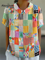 Multicolor Patchwork Pattern Printed Women's Casual Cotton And Linen Shirt