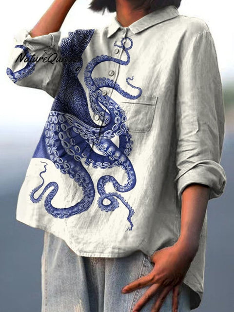 Women's Deep Sea Octopus Tentacles Art Print Casual Cotton And Linen Shirt