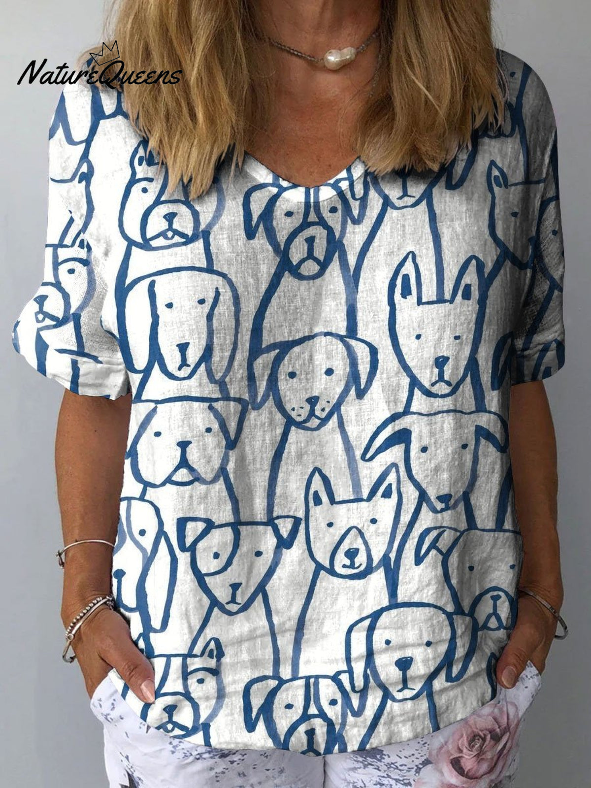 Women’s Dog Art Print Casual Cotton And Linen Shirt Multicolor / S