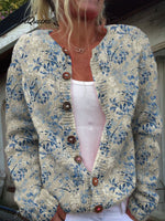Vintage Flower Art Print Buttoned Cardigan Sweater