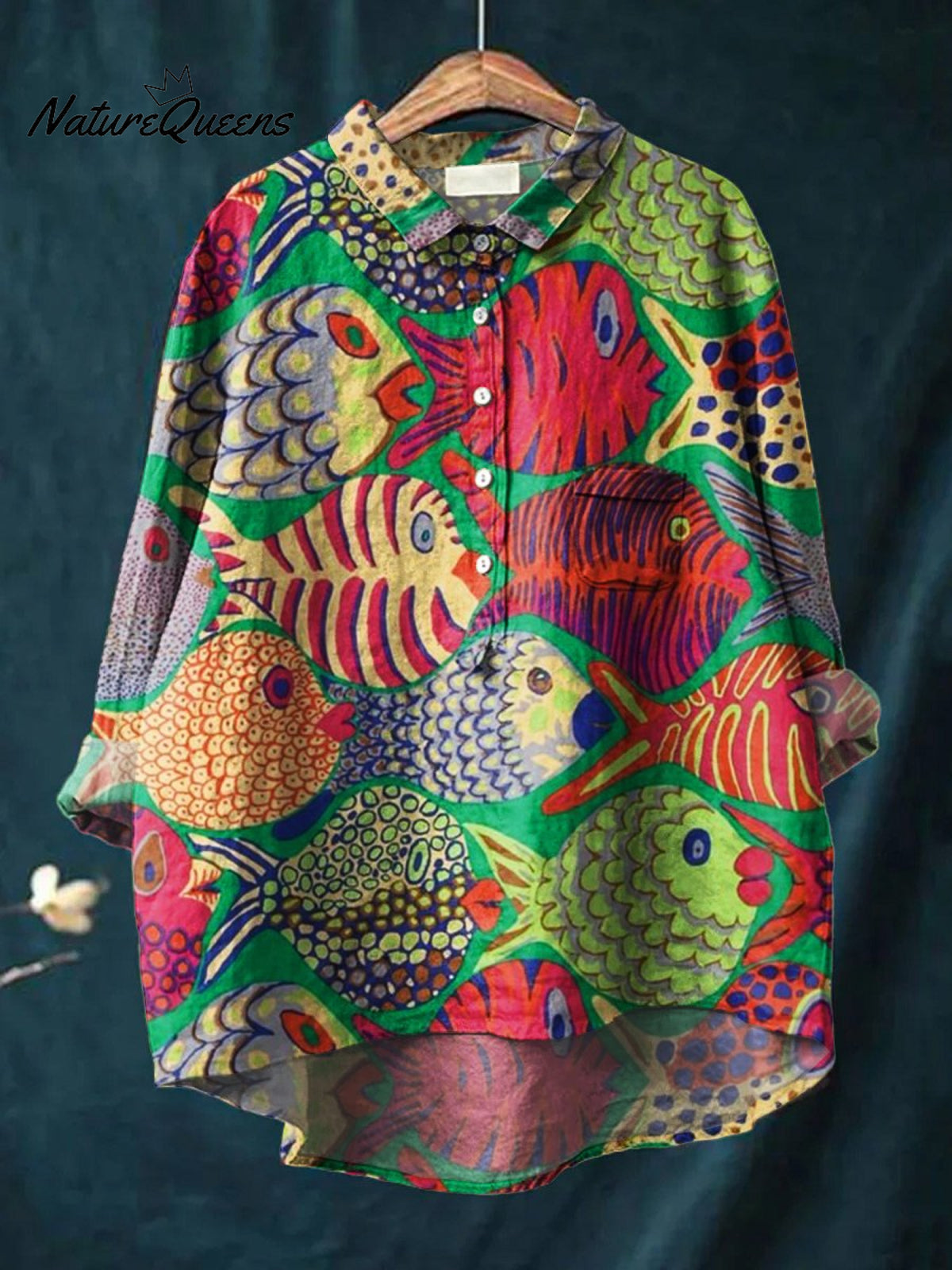 Women's Colorful Fun Fish Print Casual Cotton And Linen Shirt