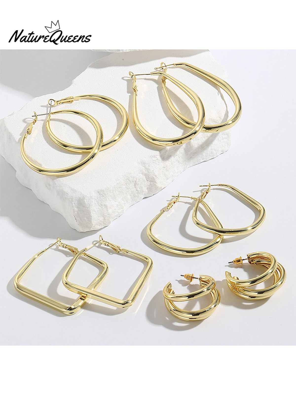 Geometric Metal Shape Plain Hoop Earrings 5Pairs / Onesize