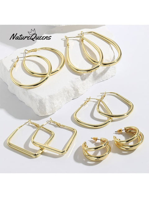 Geometric Metal Shape Plain Hoop Earrings 5Pairs / Onesize