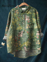 Women's Vintage Floral Art Print Casual Cotton And Linen Shirt