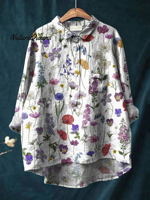 Spring Botanical Garden Pattern Printed Women's Casual Cotton And Linen Shirt