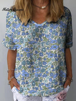 Retro Style Blue Floral Repeat Pattern Printed Women’s Casual Cotton And Linen Shirt / S