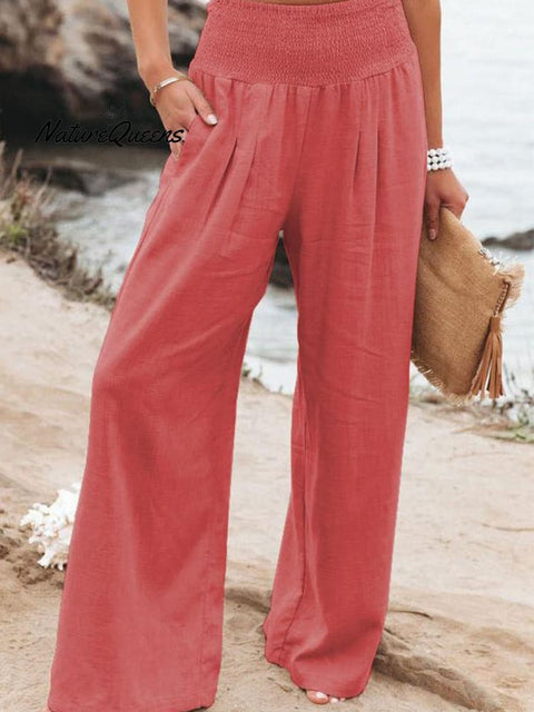 Women’s Cotton And Linen Elasticated Waist - Waisted Wide - Leg Pants Orange / S