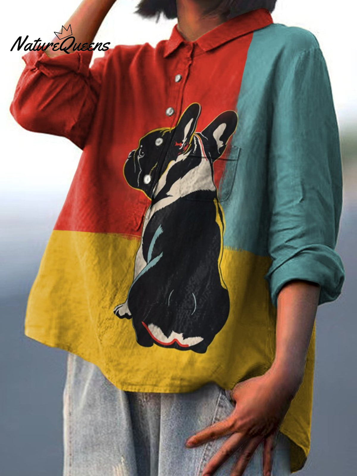 French Bulldog Looking Back In Front of Tricolor Background Casual Cotton And Linen Shirt