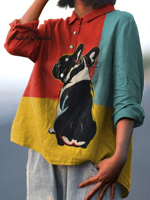 French Bulldog Looking Back In Front of Tricolor Background Casual Cotton And Linen Shirt