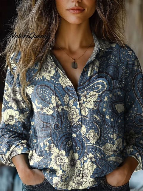Women's Paisley Pattern Print Casual Long Sleeve Comfortable Cotton Shirt