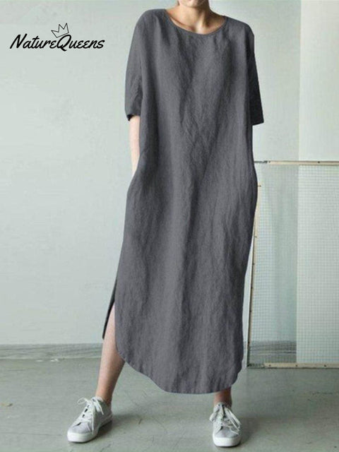 Women's Solid Color Loose Elegant Casual Cotton And Linen Dress