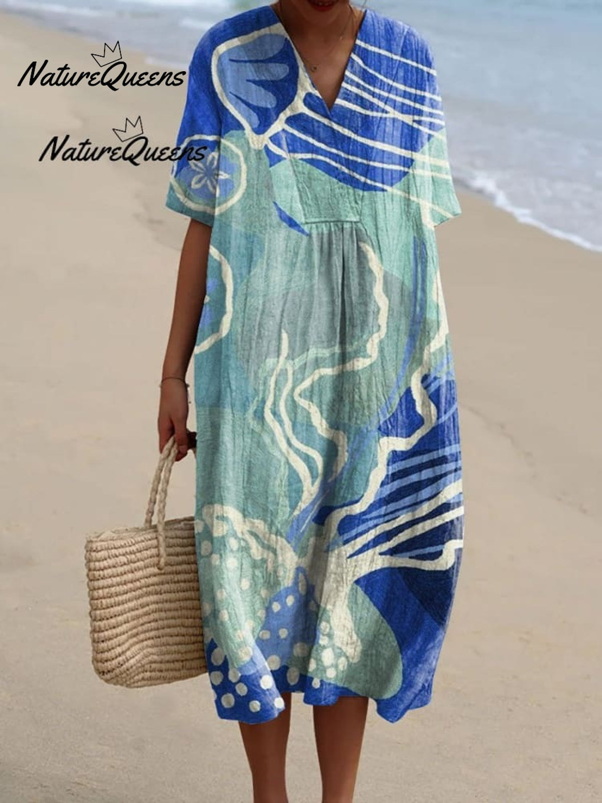 Women's Hand Painted Dark Blue Ocean Art Print Casual Cotton Shirt