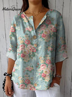 Retro Style Ditsy Rose Pattern Printed Women's Casual Cotton Linen Shirt