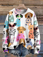 Colorful Cartoon Puppy Print Knit Pullover Sweater
