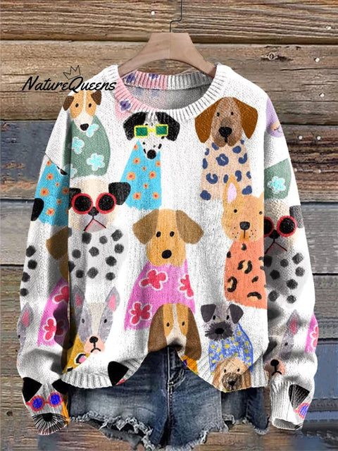 Colorful Cartoon Puppy Print Knit Pullover Sweater