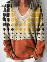 Bohemian Color Block Abstract Art Print Knit V-neck Pullover Sweater