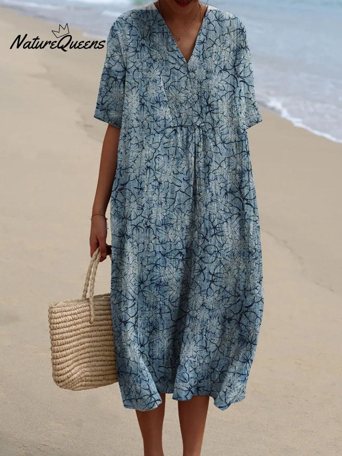 Women's Blue Ink Floral Pattern Beach Resort Dress