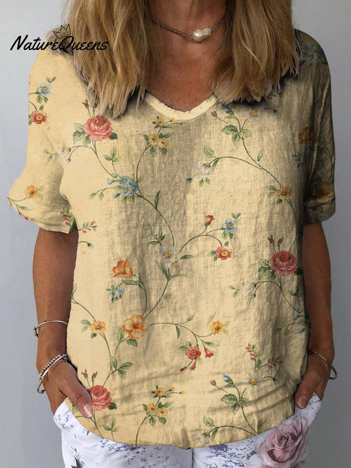 Women’s Retro Floral Art Print Casual Cotton And Linen Shirt Multicolor / S