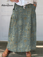 Woodland Vegetation Pattern Printed Women’s Linen Elastic Waistband Pocket Skirt Multicolor / S