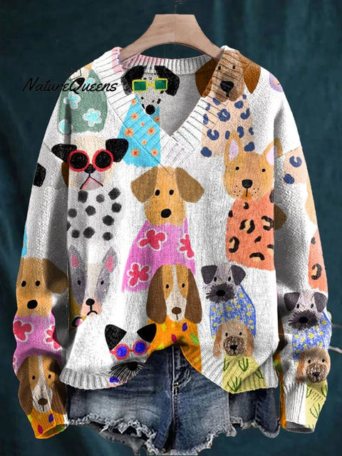 Men's V-neck Women's Colorful Fun Cartoon Puppy Print Long Sleeve Sweater