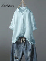 Women's Cotton and Linen Casual Single-Row Button Ruffle Shirt