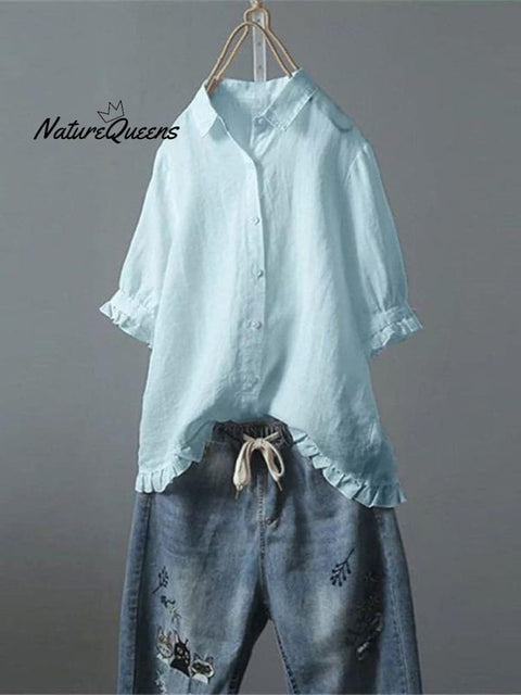 Women's Cotton and Linen Casual Single-Row Button Ruffle Shirt