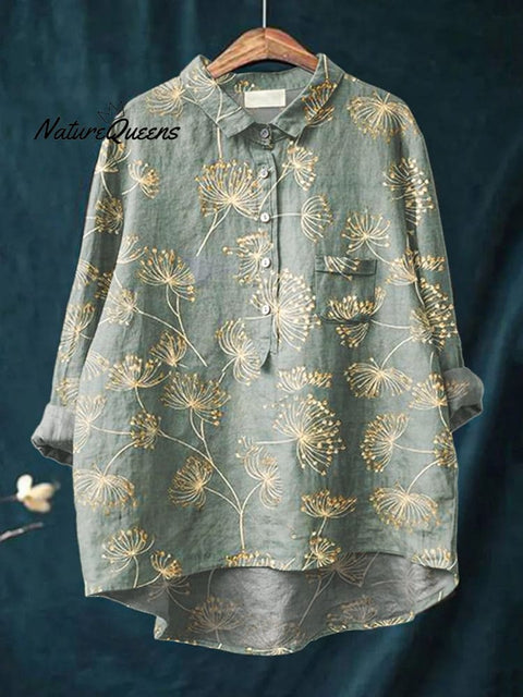 Women's Dandelion Art Print Casual Cotton And Linen Shirt