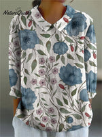 Women’s Retro Floral Print Casual Cotton And Linen 3/4 Sleeve Shirt Multicolor / S