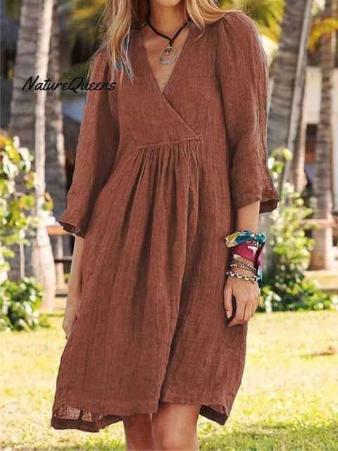 Women's Cotton and Linen Solid Color Seven-Quarter Sleeve Midi Dress