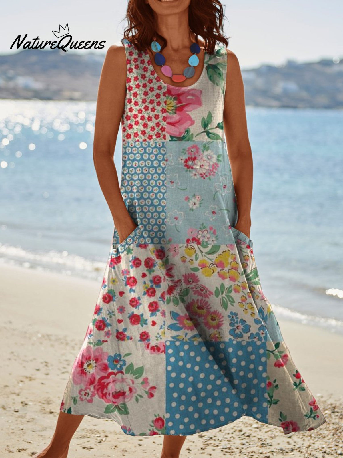 Women’s Retro Elegant Flowers Patchwork Art Print Casual Pocket Pinafore Linen Dress Multicolor / S