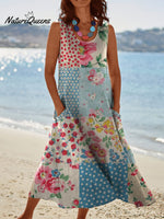 Women’s Retro Elegant Flowers Patchwork Art Print Casual Pocket Pinafore Linen Dress Multicolor / S