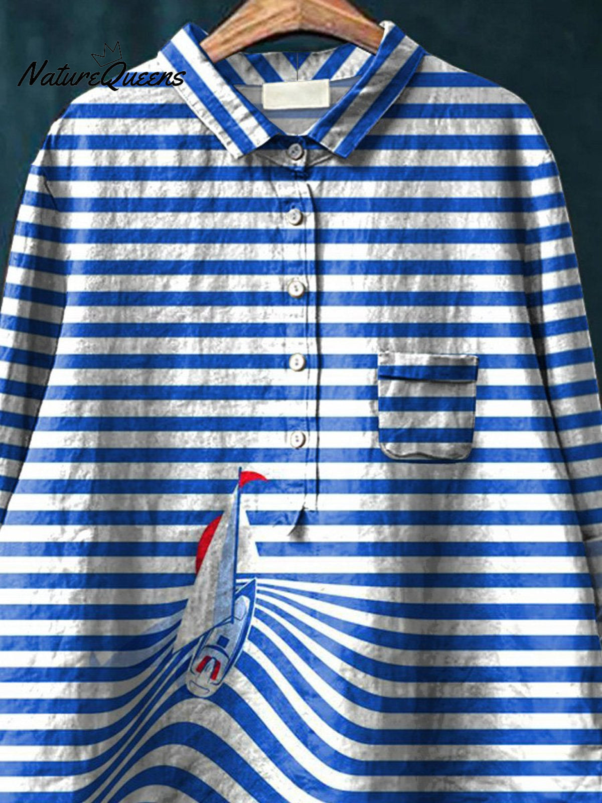 Funny Little Boat Art Printed Women's Casual Cotton And Linen Shirt