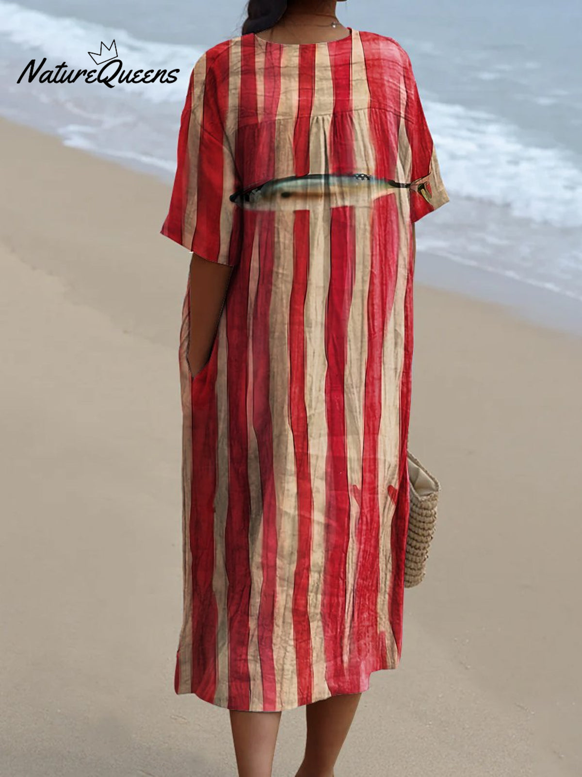 Women's Red Striped Sardines Watercolor Splash Fluid Art Print Flowy Dress