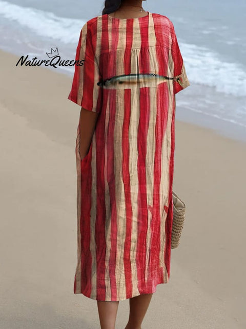 Women's Red Striped Sardines Watercolor Splash Fluid Art Print Flowy Dress