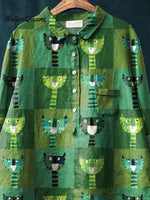 Green Cats Repeat Pattern Printed Women's Casual Cotton And Linen Shirt