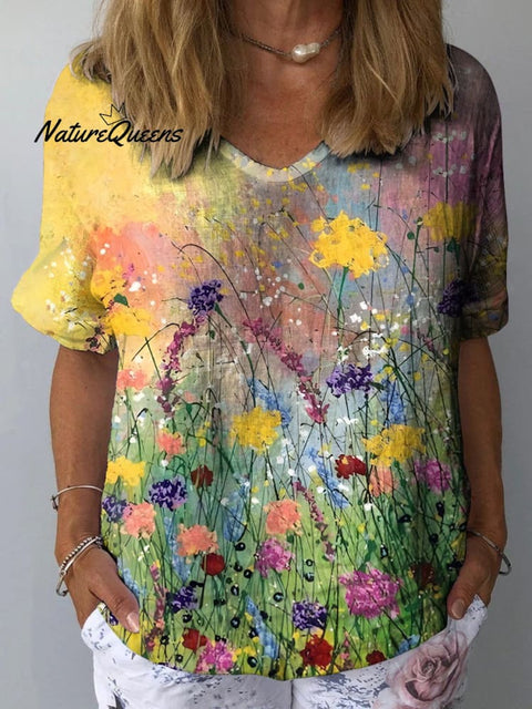 Women’s Retro Elegant Floral Art Print Casual Cotton And Linen Shirt Multicolor / S