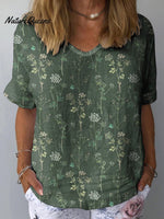 Women’s Retro Floral Art Print Casual Cotton And Linen Shirt Dark Green / S