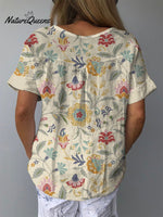 Women’s Retro Flowers Art Print Casual Cotton And Linen Shirt