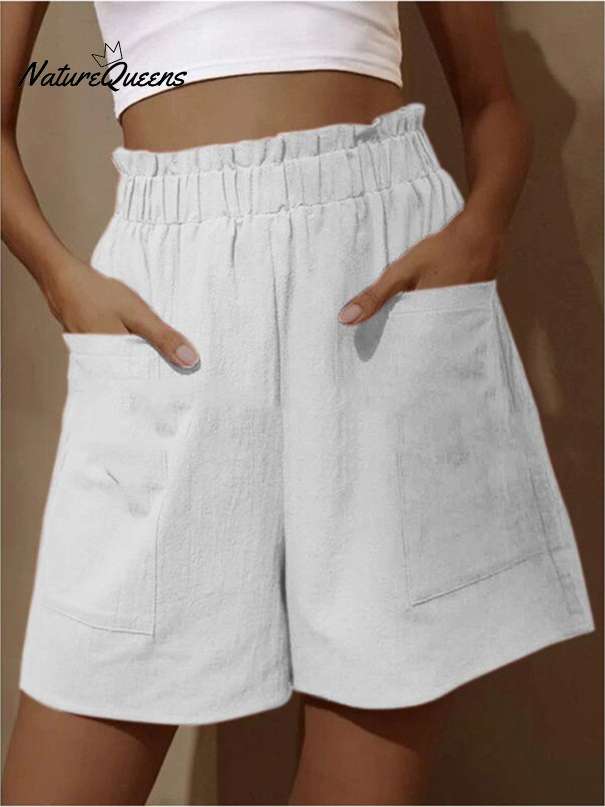 Cotton And Linen Wear High - Waisted Shorts With Buds White / S