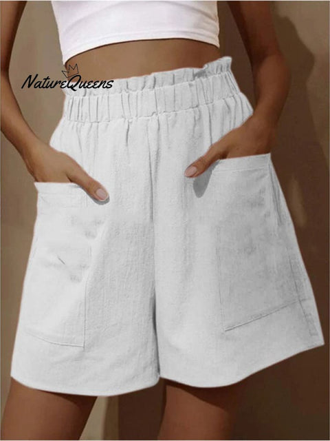 Cotton And Linen Wear High - Waisted Shorts With Buds White / S