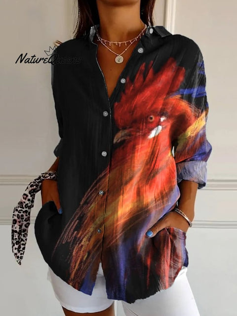 Oil Painting Rooster Art Printed Women's Casual Cotton Shirt