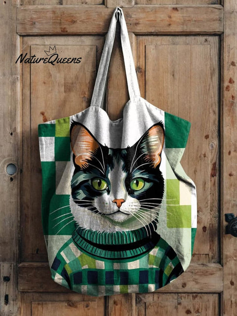 Cat Wearing Sweater Art Printed Linen Tote Bag