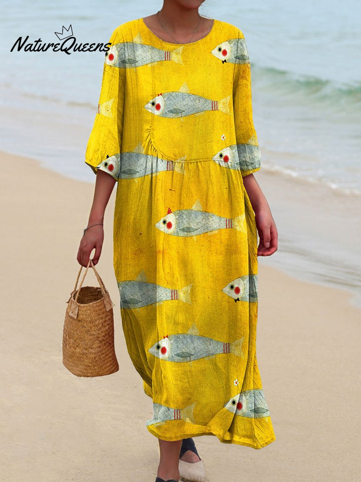 Women's Vintage Fish Art Print Pocket Cotton Dress