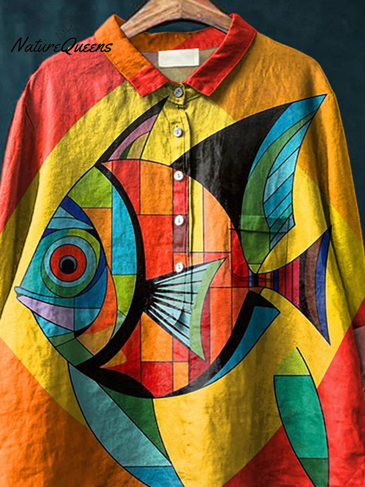 Geometric Tropical Fish Art Printed Women's Casual Cotton And Linen Shirt