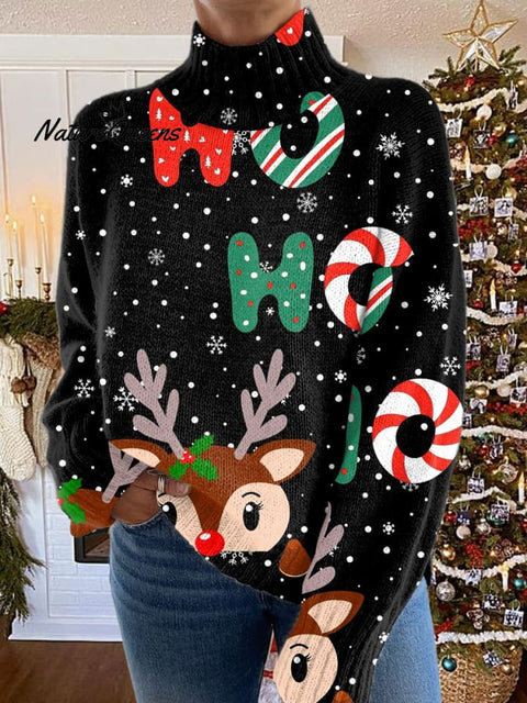 Glitter  Christmas  Print Knit Turtleneck Pullover Sweater